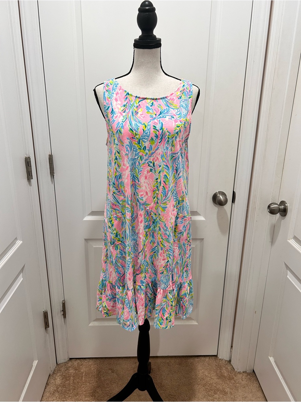 Lilly Pulitzer Kristen Flounce Dress Mermaid Print Pink Blue Size M Pima Cotton